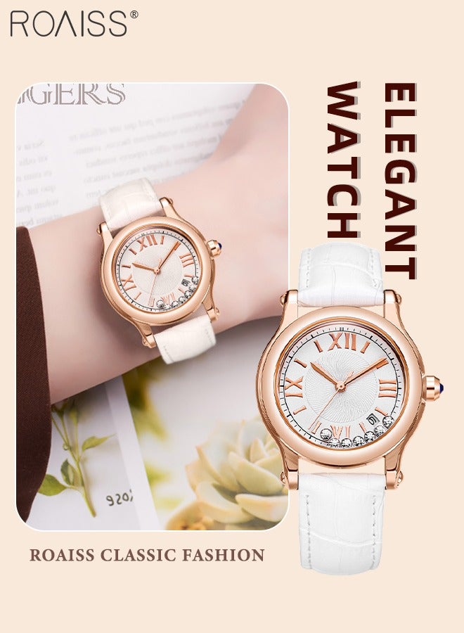 رويس ساعة كوارتز نسائية بسوار جلدي، ساعة بقرص دائري مع 7 زخارف كريستالية انزلاقية، ساعة أنيقة مقاومة للماء كهدية للنساء، أبيض - Image 1