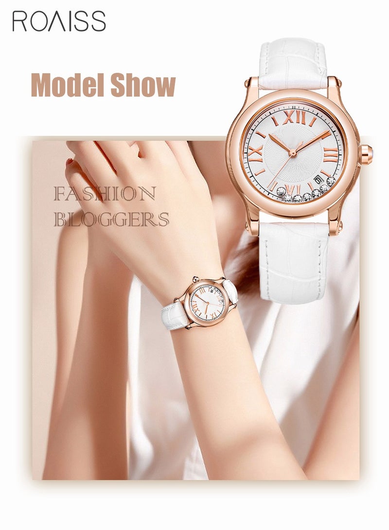 رويس ساعة كوارتز نسائية بسوار جلدي، ساعة بقرص دائري مع 7 زخارف كريستالية انزلاقية، ساعة أنيقة مقاومة للماء كهدية للنساء، أبيض - Image 2