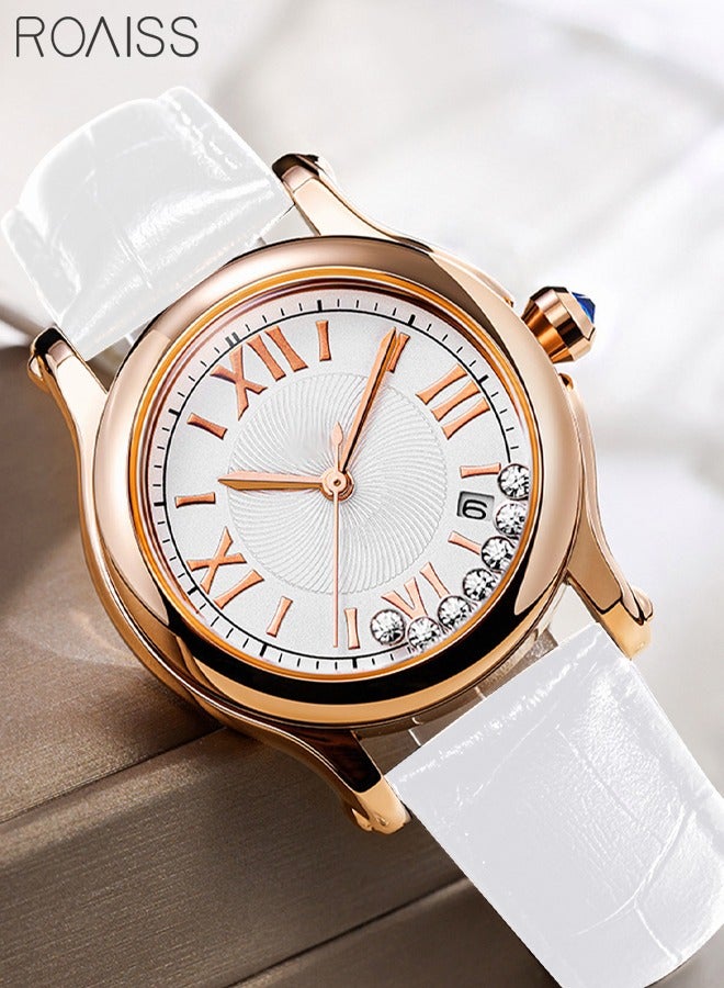 رويس ساعة كوارتز نسائية بسوار جلدي، ساعة بقرص دائري مع 7 زخارف كريستالية انزلاقية، ساعة أنيقة مقاومة للماء كهدية للنساء، أبيض - Image 3