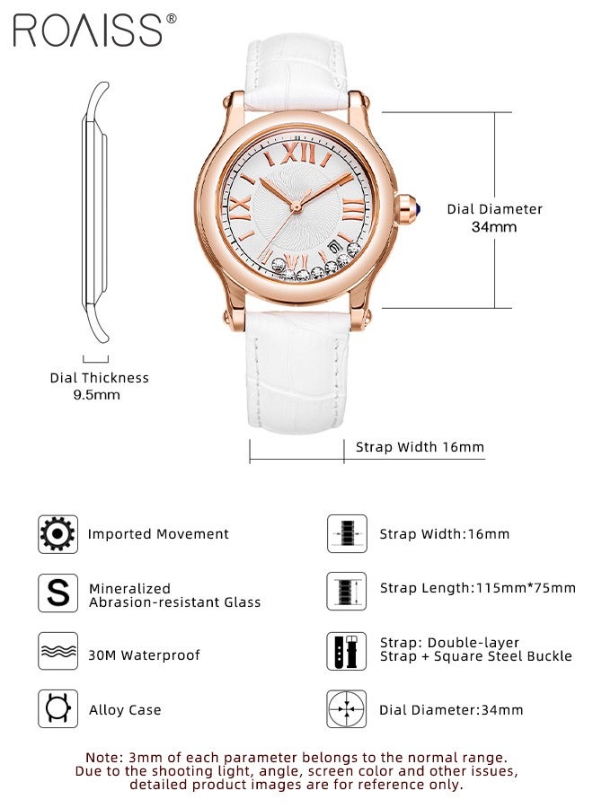 رويس ساعة كوارتز نسائية بسوار جلدي، ساعة بقرص دائري مع 7 زخارف كريستالية انزلاقية، ساعة أنيقة مقاومة للماء كهدية للنساء، أبيض - Image 4