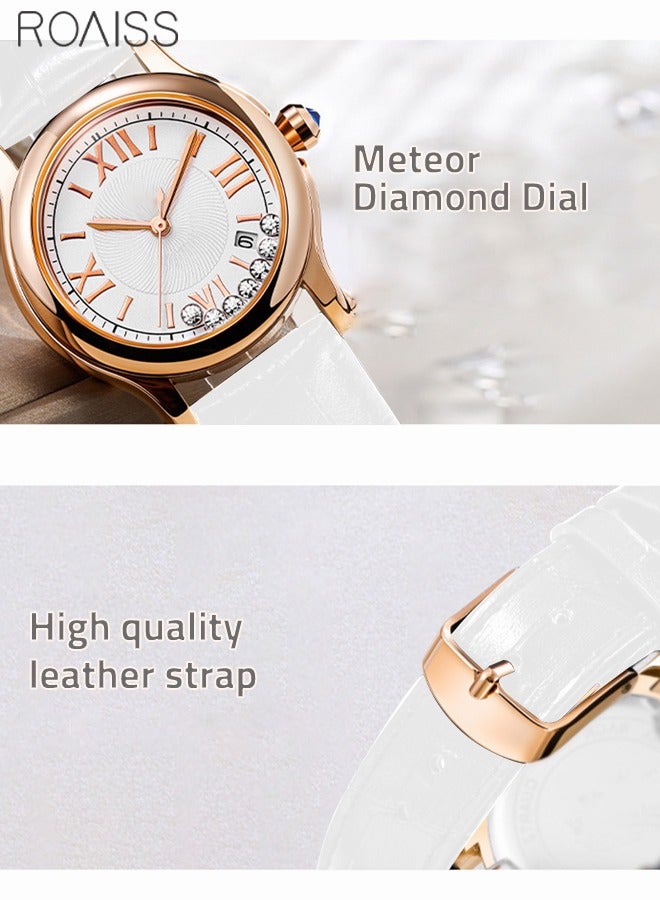 رويس ساعة كوارتز نسائية بسوار جلدي، ساعة بقرص دائري مع 7 زخارف كريستالية انزلاقية، ساعة أنيقة مقاومة للماء كهدية للنساء، أبيض - Image 5
