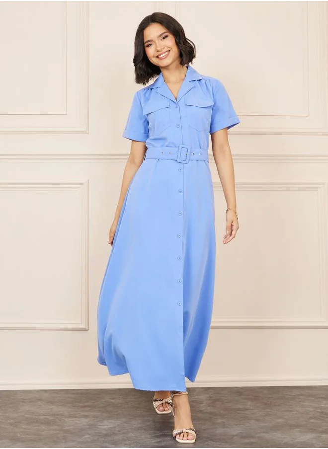 Styli Flap Pocket Detail Belted Shirt Maxi Dress