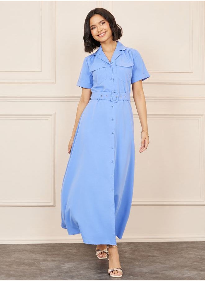 Styli - Flap Pocket Detail Belted Shirt Maxi Dress - Image 1