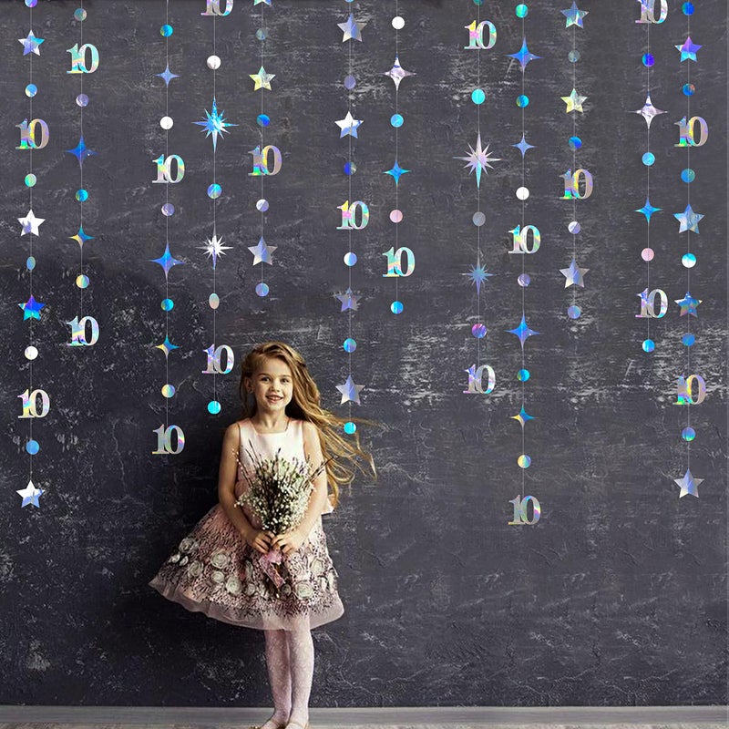 pinkblume Iridescent 10th Birthday Decorations Number 10 Circle Dot Twinkle Star Garland Metallic Hanging Streamer Bunting Banner Backdrop for Girls Boys Ten Year Old Birthday 10th Anniversary Party Supplies - Image 3