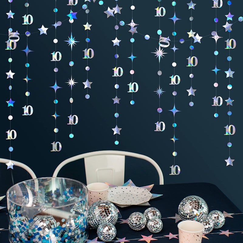 pinkblume Iridescent 10th Birthday Decorations Number 10 Circle Dot Twinkle Star Garland Metallic Hanging Streamer Bunting Banner Backdrop for Girls Boys Ten Year Old Birthday 10th Anniversary Party Supplies - Image 4
