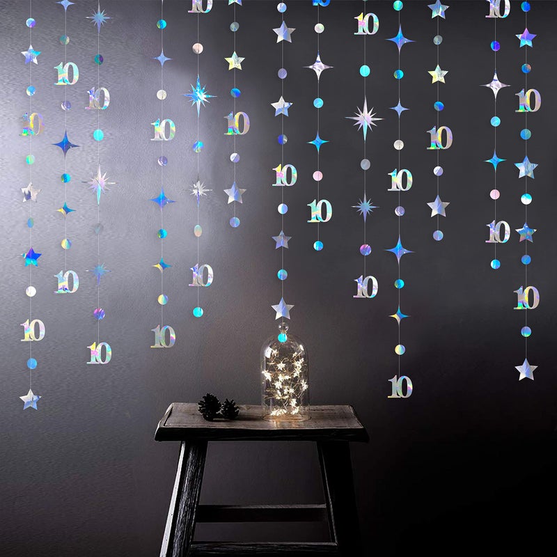 pinkblume Iridescent 10th Birthday Decorations Number 10 Circle Dot Twinkle Star Garland Metallic Hanging Streamer Bunting Banner Backdrop for Girls Boys Ten Year Old Birthday 10th Anniversary Party Supplies - Image 5