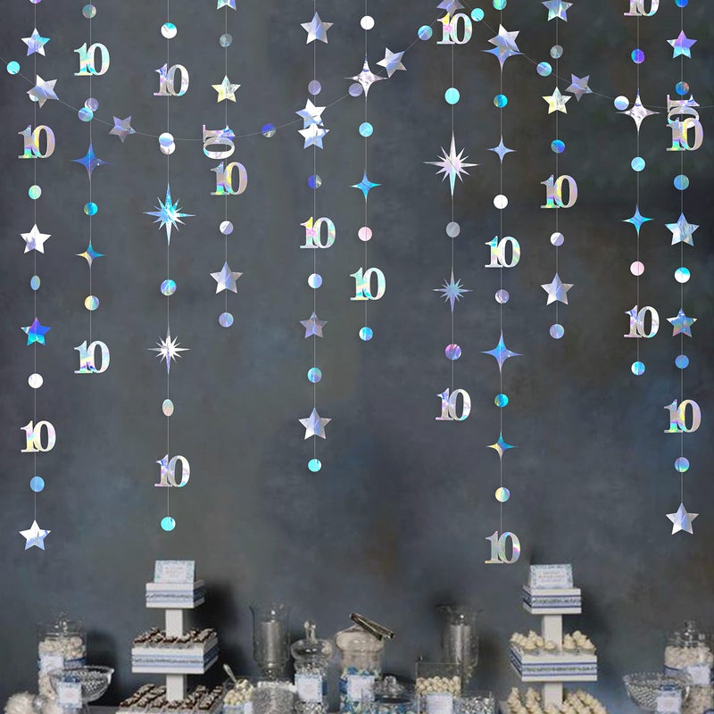 pinkblume Iridescent 10th Birthday Decorations Number 10 Circle Dot Twinkle Star Garland Metallic Hanging Streamer Bunting Banner Backdrop for Girls Boys Ten Year Old Birthday 10th Anniversary Party Supplies - Image 1