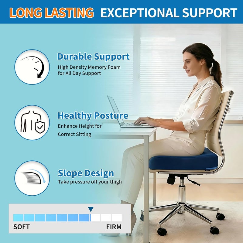 YOUFI Extra Thick Large Seat Cushion -19 X 17.5 X 4 Inch Gel Memory Foam Cushion with Carry Handle Non Slip Bottom - Pain Relief Coccyx Cushion for Wheelchair Office Chair (Blue (1PACK)) - Image 4