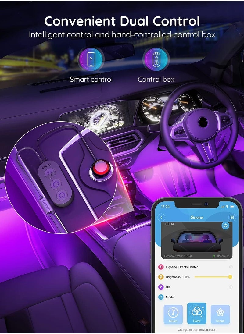 Smart Car LED Interior Lights - RGB Ambient Lighting with App Control, DIY & Music Sync Modes, 2-Line Design, Car Charger Included, DC 12V