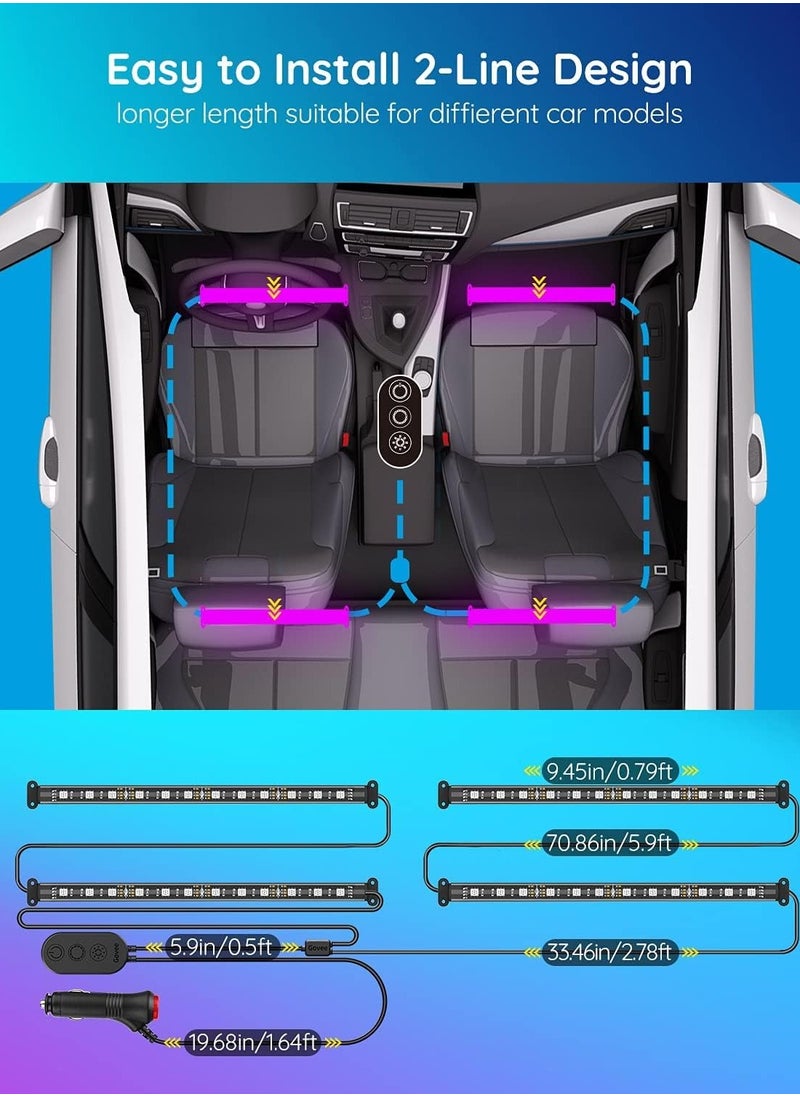 Smart Car LED Interior Lights - RGB Ambient Lighting with App Control, DIY & Music Sync Modes, 2-Line Design, Car Charger Included, DC 12V
