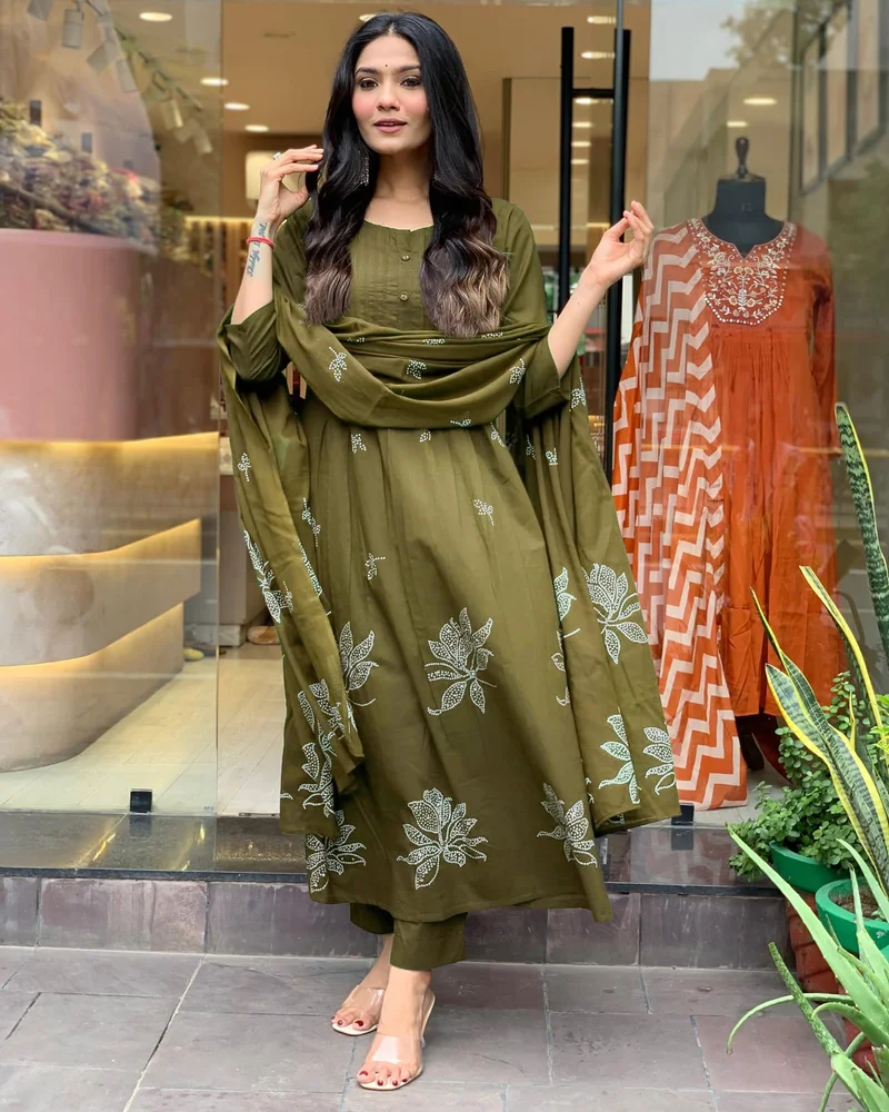 GoSriKi Mehandi GoSriKi Women's Rayon Viscose Anarkali Printed Kurta with Pant & Dupatta (Gangori Mehandi-GS_L_Mehandi_Large) for Women | Best Price UAE