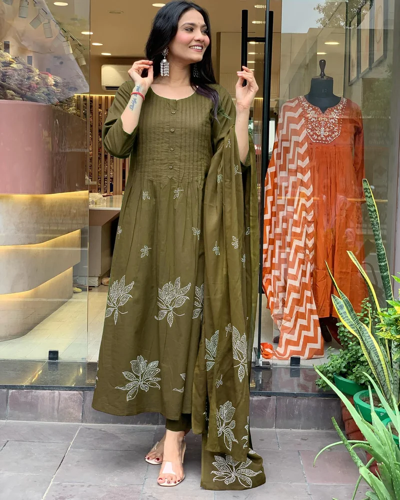 GoSriKi Mehandi GoSriKi Women's Rayon Viscose Anarkali Printed Kurta with Pant & Dupatta (Gangori Mehandi-GS_L_Mehandi_Large) for Women | Best Price UAE