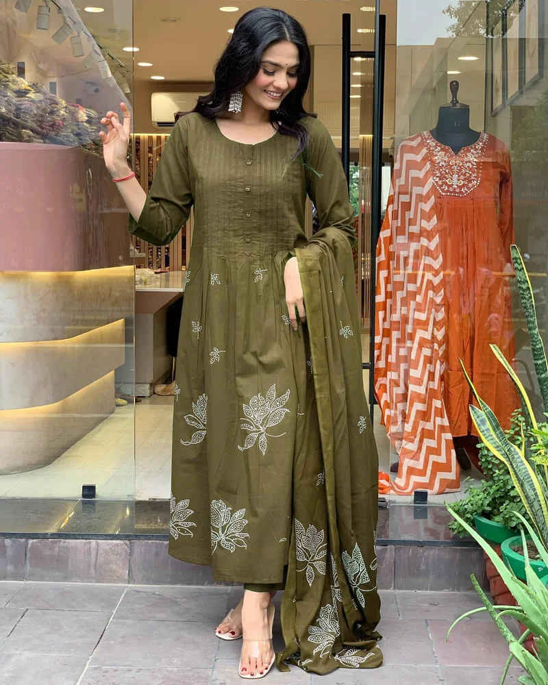 GoSriKi Mehandi GoSriKi Women's Rayon Viscose Anarkali Printed Kurta with Pant & Dupatta (Gangori Mehandi-GS_L_Mehandi_Large) for Women | Best Price UAE
