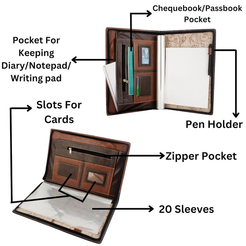 Asraw Professional PU Leather Multipurpose B4 Size Document Holder 20 Leafs Zipper File Folder Organizer for Certificates, Marksheets, Degrees, Interview Portfolio, Important Documents (Brown) - Image 4