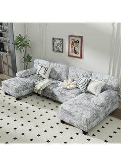Sofa Set Couch 280cm 4 Seat Large Sofa Set with Linen Fabric Overstuffed U-Shaped Sofa Couch with Double Chaise for Apartment Living Room (Grey, 4 Seat)