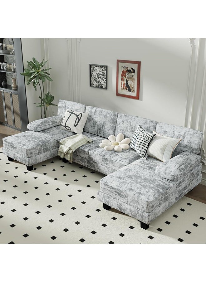 Anovara - Sofa Set Couch 280cm 4 Seat Large Sofa Set with Linen Fabric Overstuffed U-Shaped Sofa Couch with Double Chaise for Apartment Living Room (Grey, 4 Seat) - Image 1