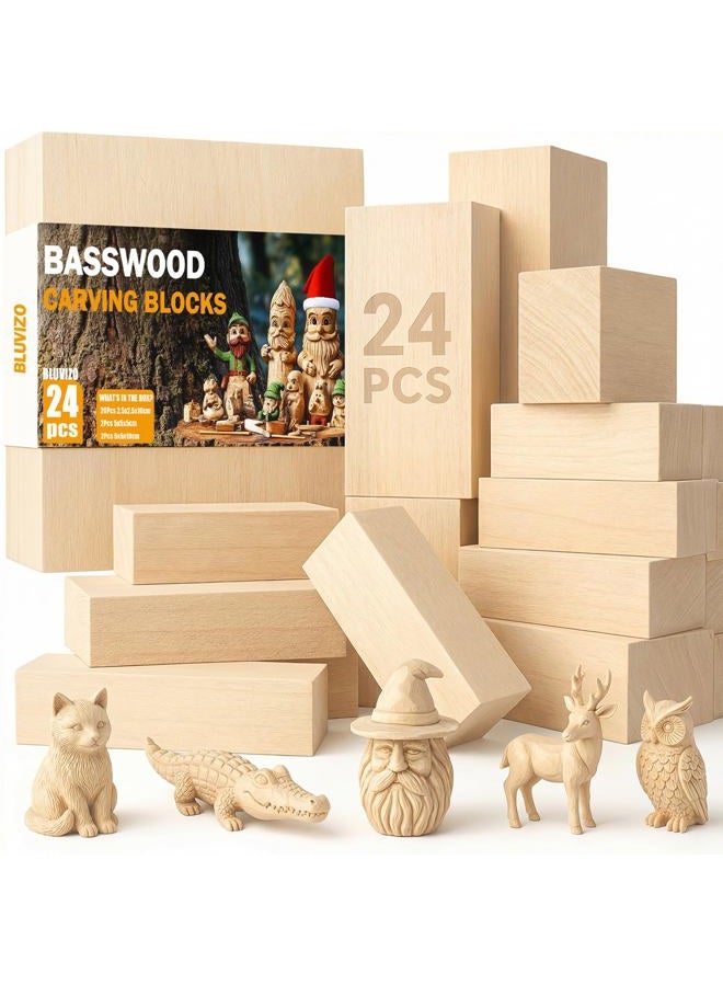 Bluvizo Basswood Carving Blocks 24PCS: Wood Carving Kit Whittling Wooden Blocks for Crafts with 3 Different Sizes - Unfinished Soft Woodworking Wood for Beginners Kids Adults Hobby - Image 1