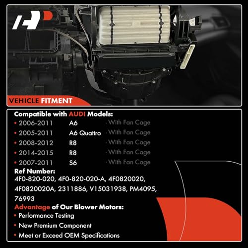 A-Premium HVAC Heater Blower Motor Assembly Compatible with Audi Vehicles - A6 2006-2011, A6 Quattro 2005-2011, R8 2011-2012/2014-2015, S6 2007-2011 - Front Side, Replace# 4F0820020, 4F0820020A - Image 3
