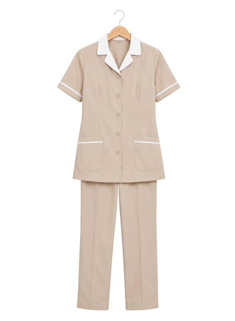 ZOZAZA Maid Uniform Scrub Suit for Women Two Piece Set, Housemaid Uniform Cotton Polyester Tunic Top and Pants, Nanny Nurse Uniform - Image 2