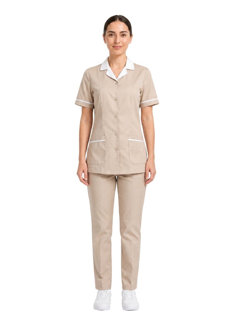 ZOZAZA Maid Uniform Scrub Suit for Women Two Piece Set, Housemaid Uniform Cotton Polyester Tunic Top and Pants, Nanny Nurse Uniform - Image 1