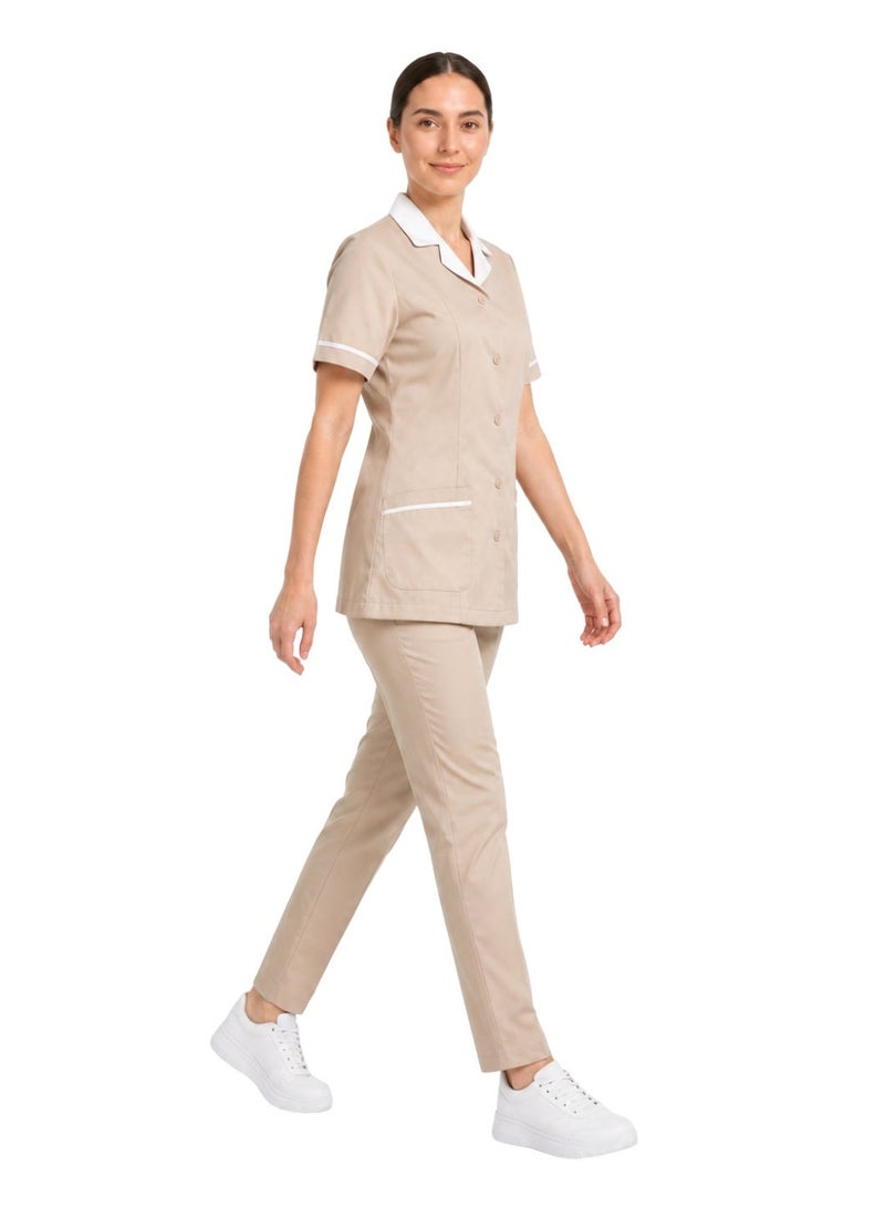 ZOZAZA Maid Uniform Scrub Suit for Women Two Piece Set, Housemaid Uniform Cotton Polyester Tunic Top and Pants, Nanny Nurse Uniform - Image 3