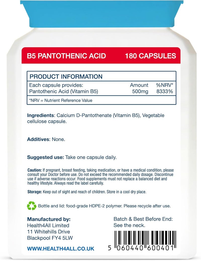 Health4All Vitamin B5 Pantothenic Acid 500mg 180 Capsules 6 Months Supply Purest No Additives Vitamin B5 Capsules not Tablets Vegan GlutenFree High Strength 8333 NRV Supplement Made in UK - Image 5