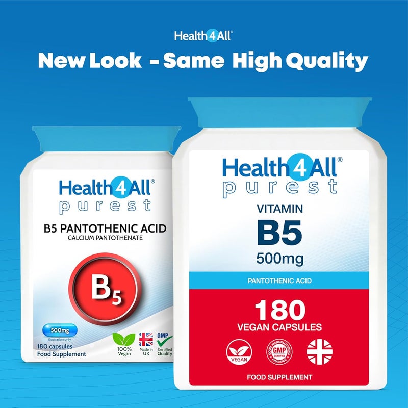 Health4All Vitamin B5 Pantothenic Acid 500mg 180 Capsules 6 Months Supply Purest No Additives Vitamin B5 Capsules not Tablets Vegan GlutenFree High Strength 8333 NRV Supplement Made in UK - Image 2