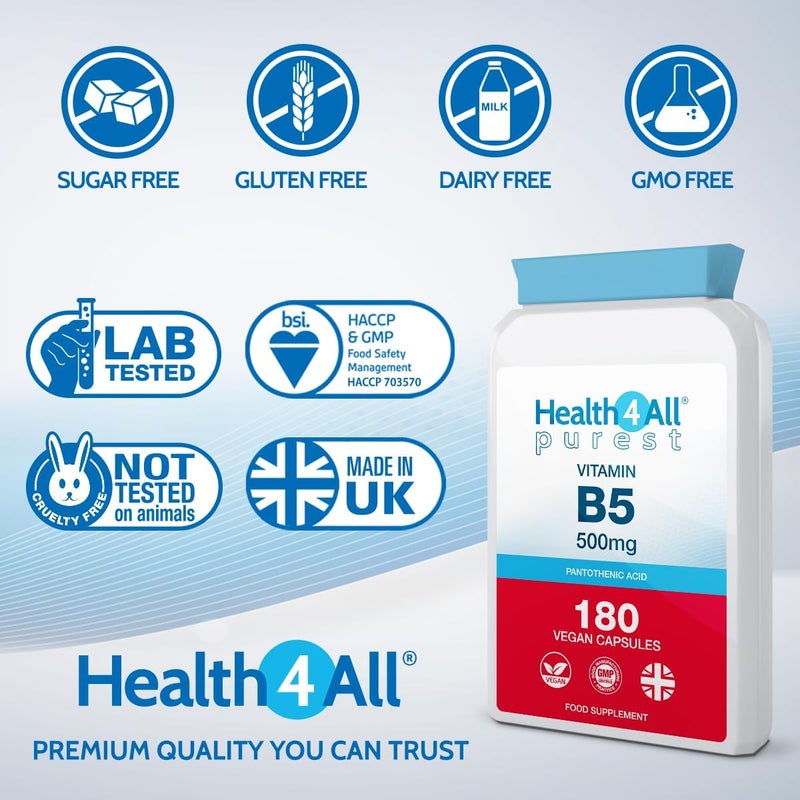 Health4All Vitamin B5 Pantothenic Acid 500mg 180 Capsules 6 Months Supply Purest No Additives Vitamin B5 Capsules not Tablets Vegan GlutenFree High Strength 8333 NRV Supplement Made in UK - Image 4
