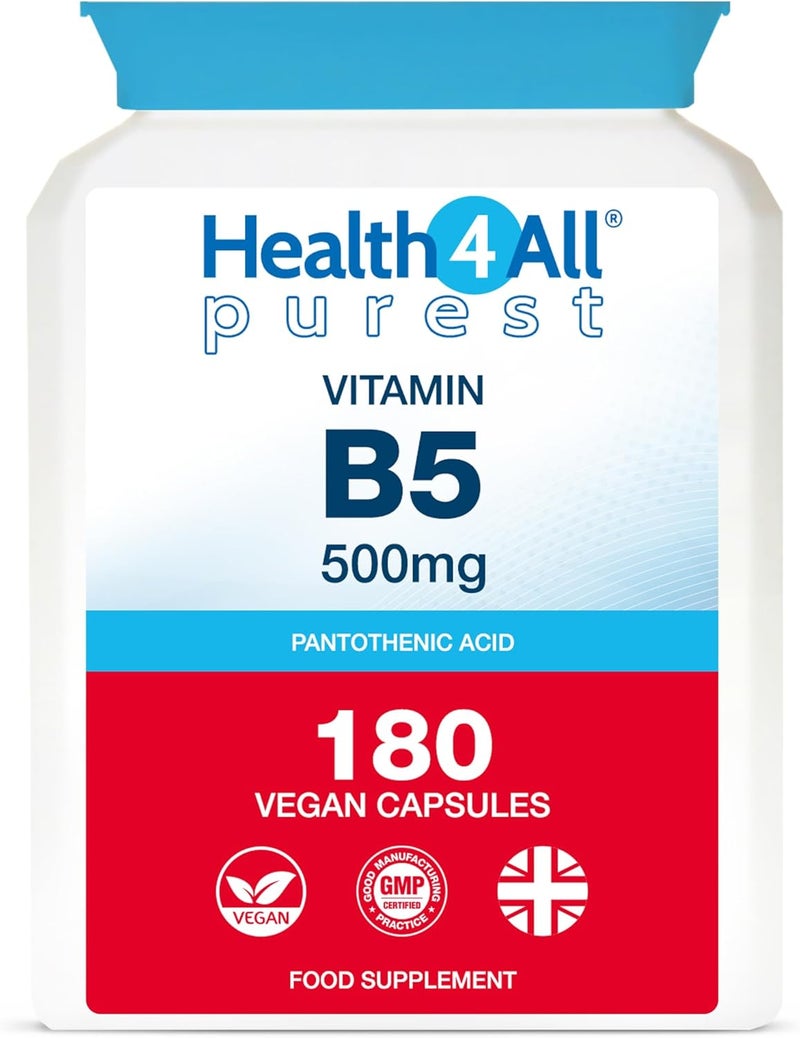 Health4All Vitamin B5 Pantothenic Acid 500mg 180 Capsules 6 Months Supply Purest No Additives Vitamin B5 Capsules not Tablets Vegan GlutenFree High Strength 8333 NRV Supplement Made in UK - Image 1