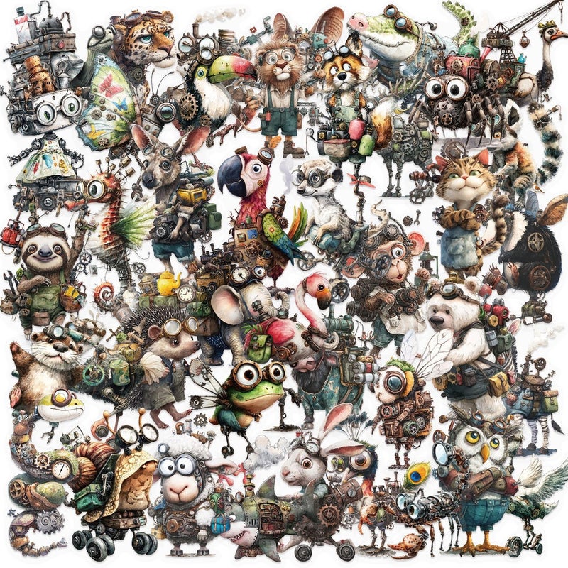 PIGBIT 50PCS Steampunk Animal Stickers â€“ Vintage Victorian Mechanical Creatures Waterproof Clear Stickers for Journaling, Scrapbooking, Crafts, Laptops, Art Projects - Image 1