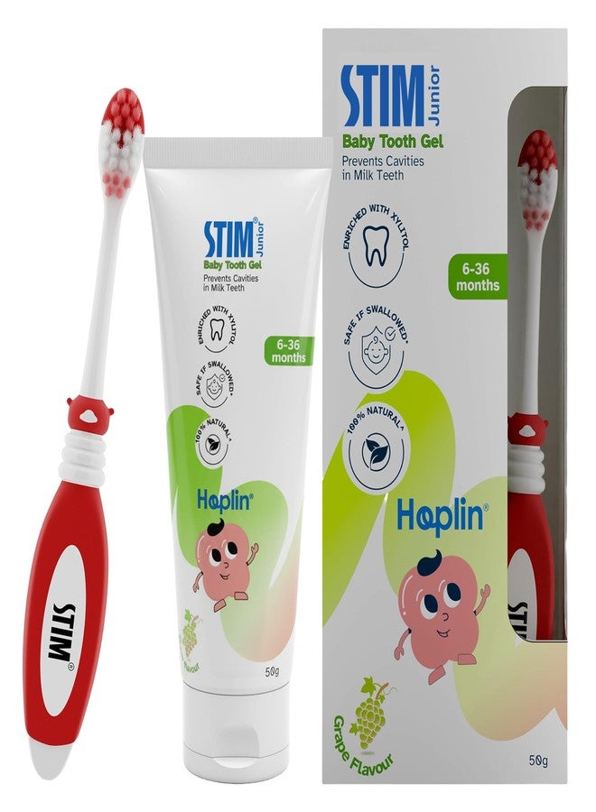 STIM Junior Baby Toothpaste | Safe to Swallow | 6–36 Months | Grape Flavoured | Fluoride & SLS Free Training paste | Enriched with Xylitol & Vit E | For Milk Teeth (Combo pack with toothbrush) - Image 1