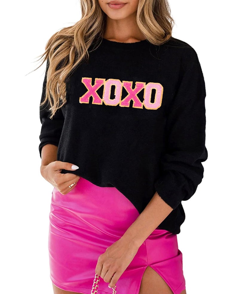 SELINK Women's Valentines Sweater Crew Neck XOXO Heart Print Casual Long Sleeve Pullover Tops Sweaters Black XOXO-L - Image 1