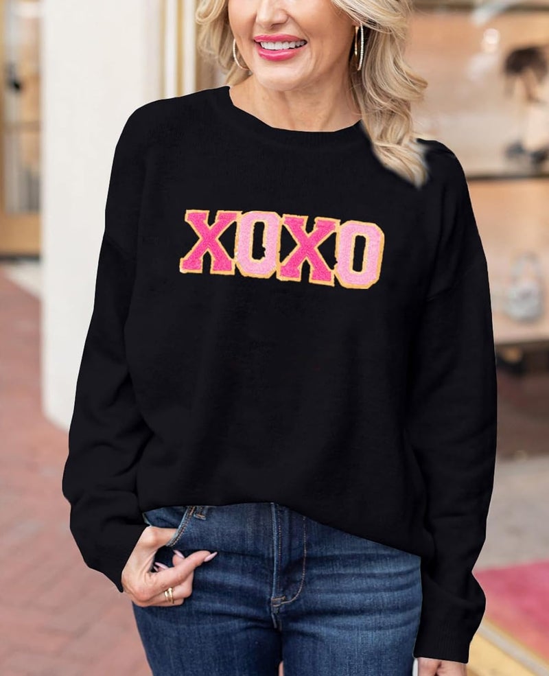 SELINK Women's Valentines Sweater Crew Neck XOXO Heart Print Casual Long Sleeve Pullover Tops Sweaters Black XOXO-L - Image 2