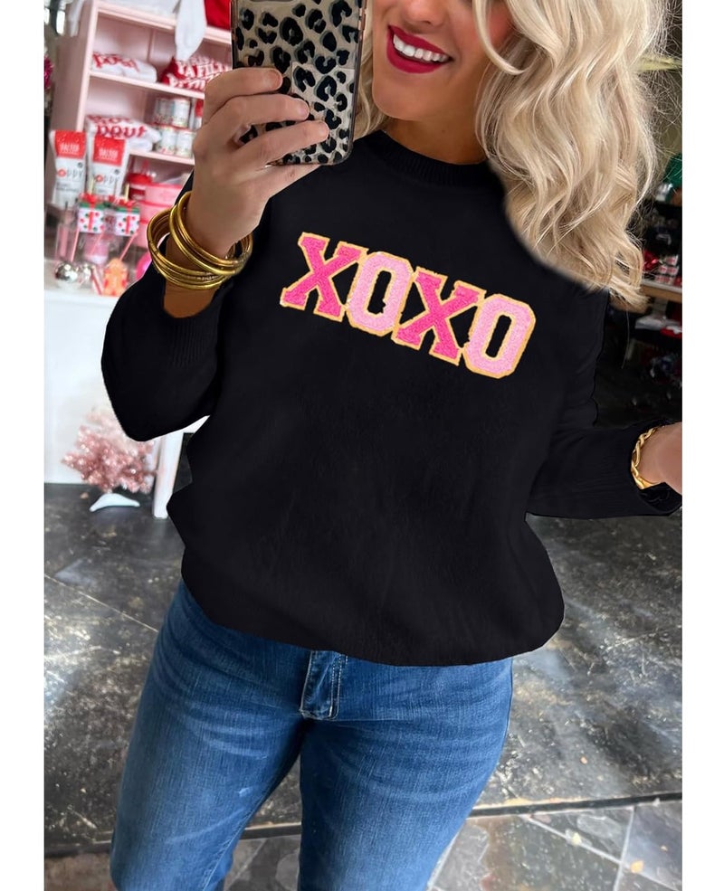 SELINK Women's Valentines Sweater Crew Neck XOXO Heart Print Casual Long Sleeve Pullover Tops Sweaters Black XOXO-L - Image 3