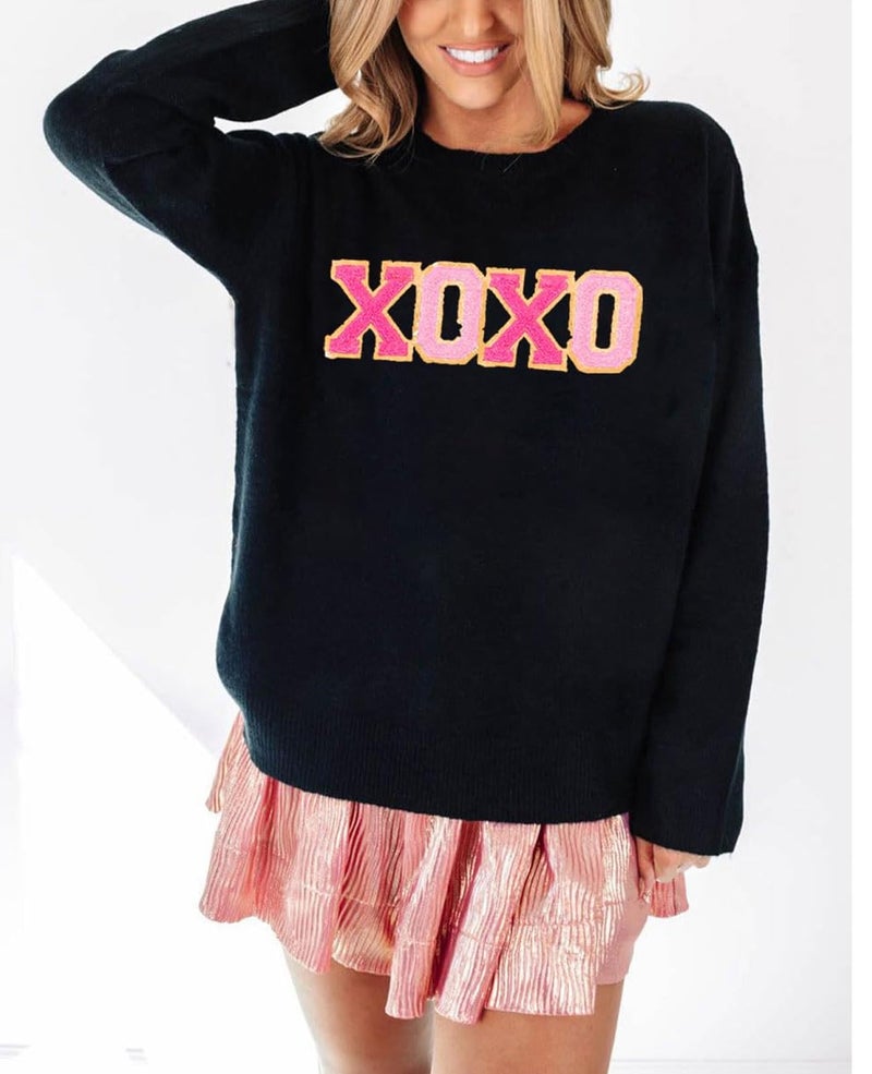 SELINK Women's Valentines Sweater Crew Neck XOXO Heart Print Casual Long Sleeve Pullover Tops Sweaters Black XOXO-L - Image 4