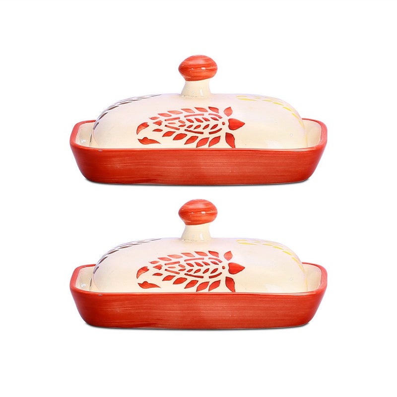 Caffeine Caffeine Ceramic Stonwear Handmade Red Boota Butter Tray with lid 6 Set of 2 - Image 1