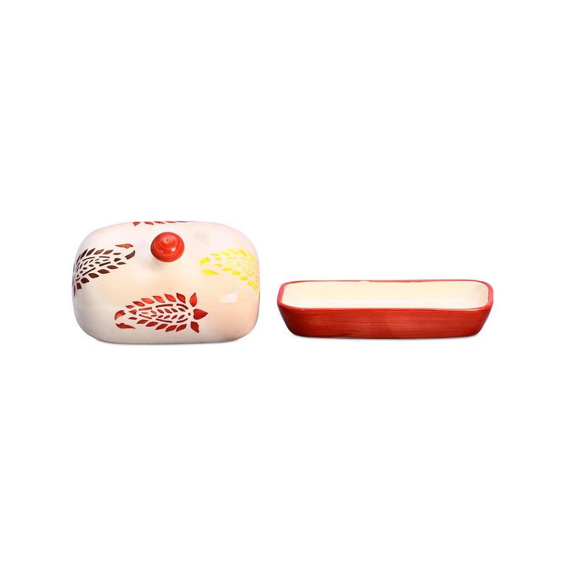 Caffeine Caffeine Ceramic Stonwear Handmade Red Boota Butter Tray with lid 6 Set of 2 - Image 2