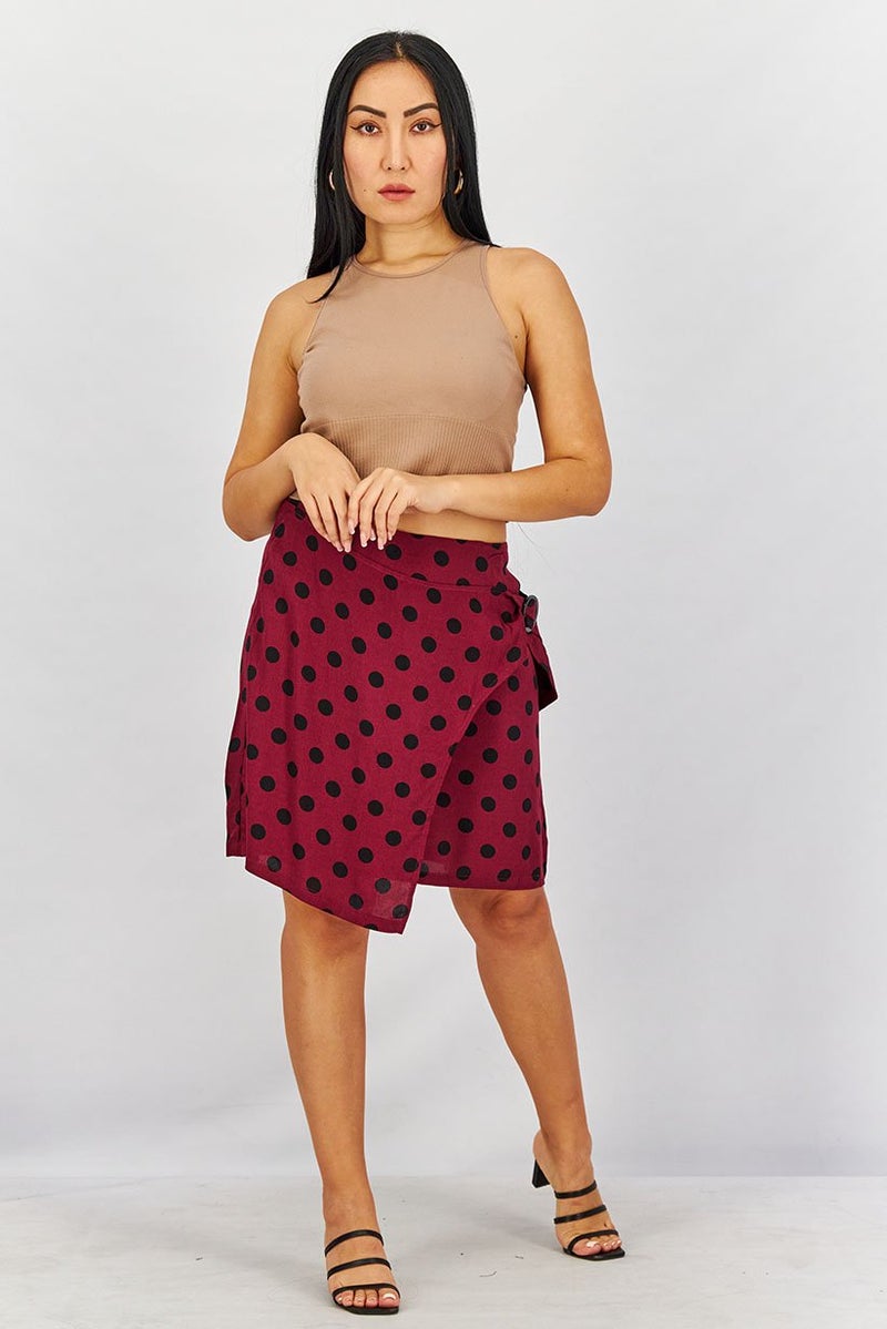 MANGO Women Polka Dot Mini Skirt, Maroon and Black - Image 3