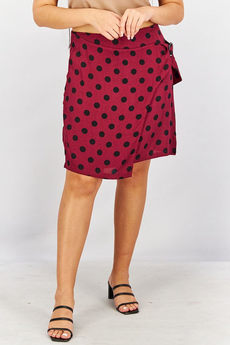 MANGO Women Polka Dot Mini Skirt, Maroon and Black - Image 1