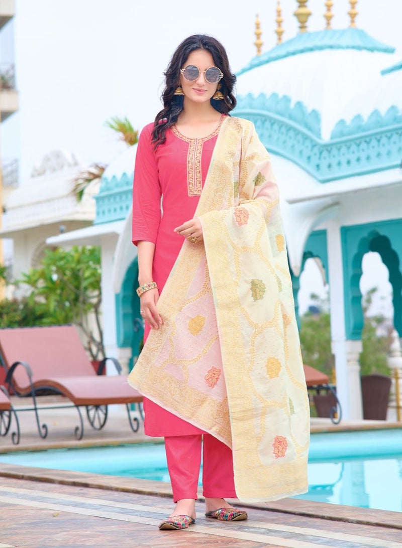 Women's embroidered Chanderi Gulabi Kurti with pant and dupatta set  - Image 1