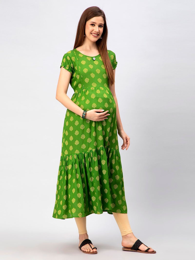 CEE 18 Women's Cotton A-line Maternity Feeding Kurti with Zippers (9666_36,Golden Green) - Image 3