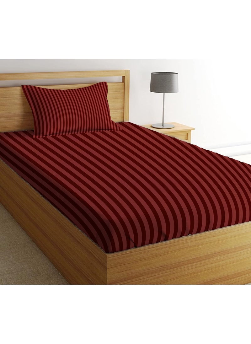 MUKESH HANDICRAFTS MUKESH HANDICRAFTS Cotton Striped 300 Tc Single BedsheetFlat Sheet with 1 Pillow Covers 60x90 inch Mehroon  - Image 1