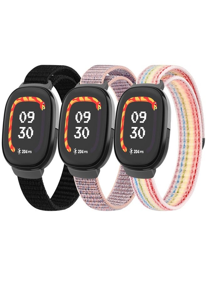 أساور نايلون متوافقة مع Fitbit Ace LTE، أساور رياضية بديلة ناعمة ومتينة وجيدة التهوية لسوار Fitbit Ace LTE للبنات والأولاد (أسود + وردي رملي + قوس قزح) - Image 1