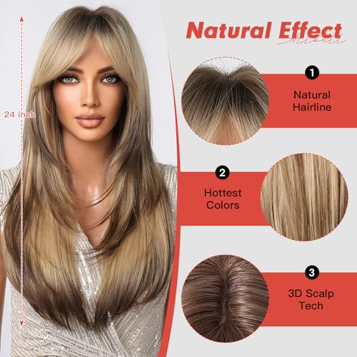 Allbell Long Straight Wigs for Women Ombre Brown Blonde Hair Wig with Bangs Highlights Hair Heat Resistant Synthetic Wig - Image 2