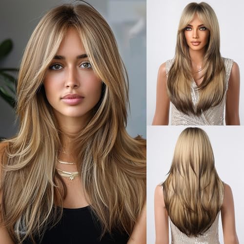 Allbell Long Straight Wigs for Women Ombre Brown Blonde Hair Wig with Bangs Highlights Hair Heat Resistant Synthetic Wig - Image 1