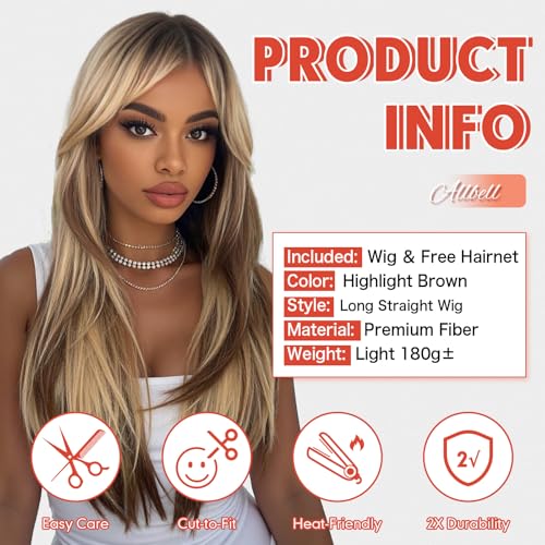 Allbell Long Straight Wigs for Women Ombre Brown Blonde Hair Wig with Bangs Highlights Hair Heat Resistant Synthetic Wig - Image 3