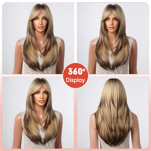 Allbell Long Straight Wigs for Women Ombre Brown Blonde Hair Wig with Bangs Highlights Hair Heat Resistant Synthetic Wig - Image 4