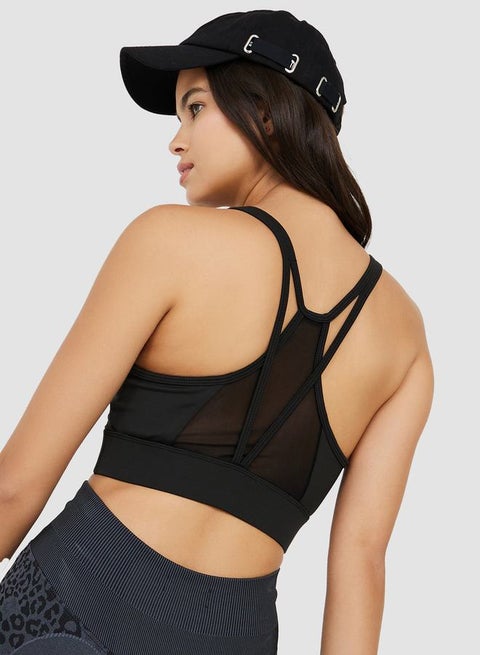 Mesh Insert Overlay Strap Back Detail Sports Bra