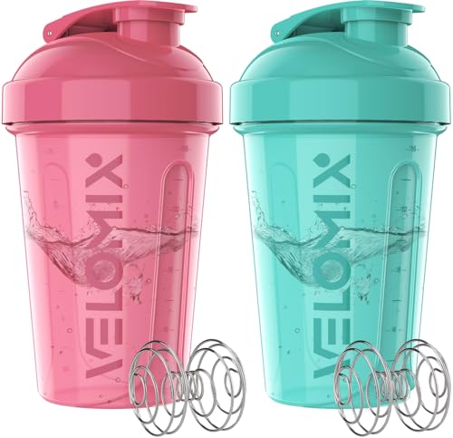 VELOMIX -2 Pack- 20 oz Protein Shaker Bottles for Protein Mixes - 2x Wire Whisk | Leak Proof Shaker Cups for Protein Shakes and Pre Workout | Protein Shaker Bottle Pack (A4) Pink/Turquoise - Image 1