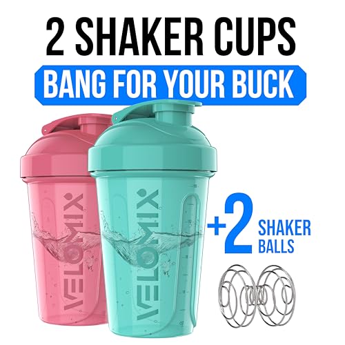 VELOMIX -2 Pack- 20 oz Protein Shaker Bottles for Protein Mixes - 2x Wire Whisk | Leak Proof Shaker Cups for Protein Shakes and Pre Workout | Protein Shaker Bottle Pack (A4) Pink/Turquoise - Image 2
